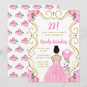 Invitation Fête d'anniversaire Brown Hair Princesse en rose