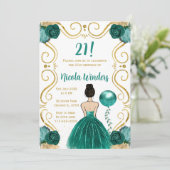 Invitation Fête d'anniversaire Brown Hair Princesse en Turquo (Debout devant)