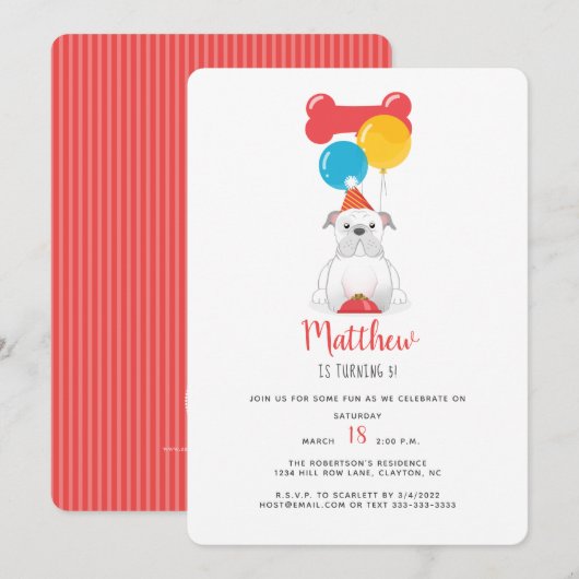 Invitation Fête d'anniversaire Bulldog (Devant / Derrière)