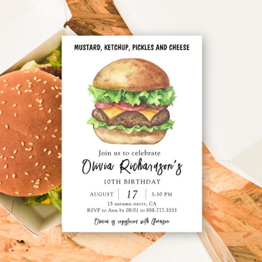 Invitation Fête d'anniversaire Burger Aquarelle