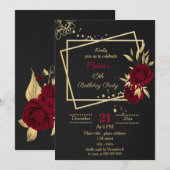 Invitation fête d'anniversaire burgundy or floral noir (Devant / Derrière)