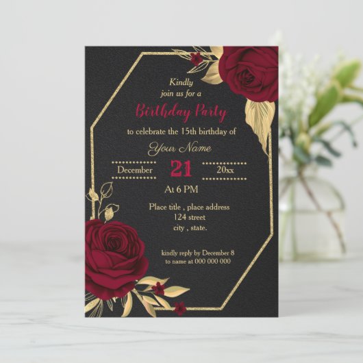Invitation fête d'anniversaire burgundy or floral noir (Debout devant)