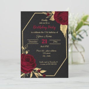 Invitation fête d'anniversaire burgundy or floral noir