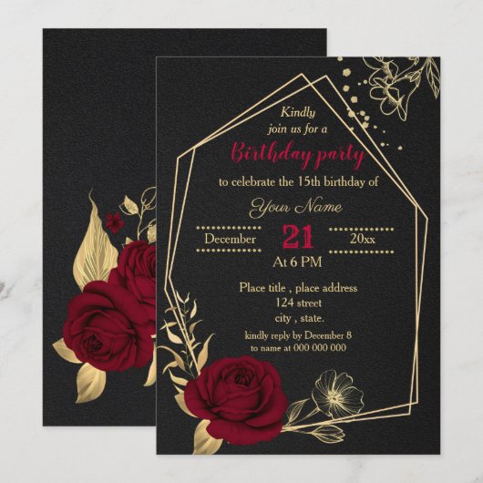 Invitation fête d'anniversaire burgundy or floral noir (Devant / Derrière)