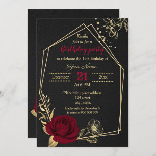 Invitation fête d'anniversaire burgundy or floral noir