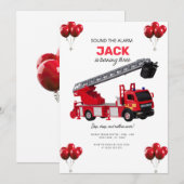 Invitation Fête d'anniversaire camion de pompiers rouge (Devant / Derrière)