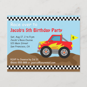 Invitation Fête d'anniversaire camion monstre rouge, pour les