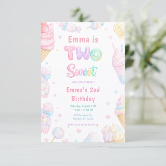 Invitation Fête d'anniversaire Candy pastel pour deux ans (Debout devant)
