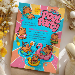 Invitation Fête d'anniversaire Capybara Piscine Rayons de sol