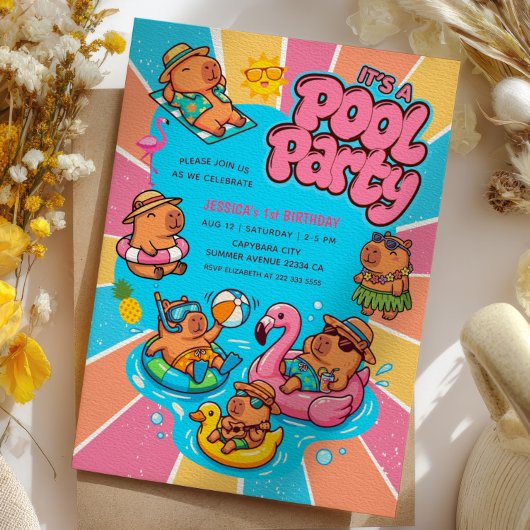 Invitation Fête d'anniversaire Capybara Piscine Rayons de sol