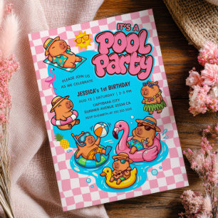 Invitation Fête d'anniversaire Capybara Pool Party à carreaux