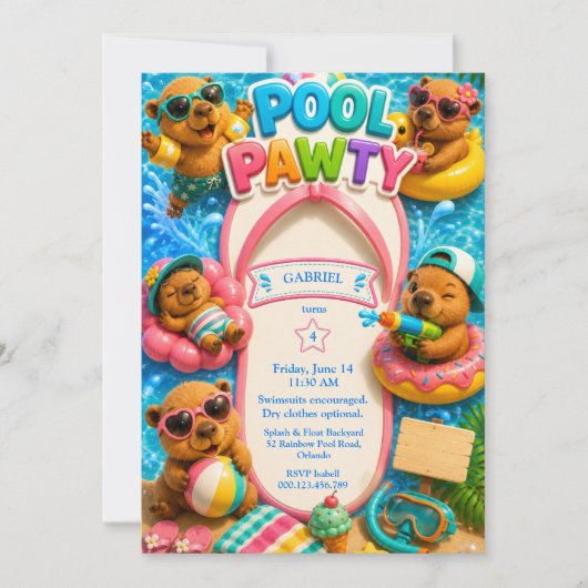 Invitation Fête d'anniversaire Capybara Splash Bash Piscine (Devant)