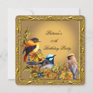 Invitation Fête d'anniversaire Caramel Or Oiseau Bleu Élégant