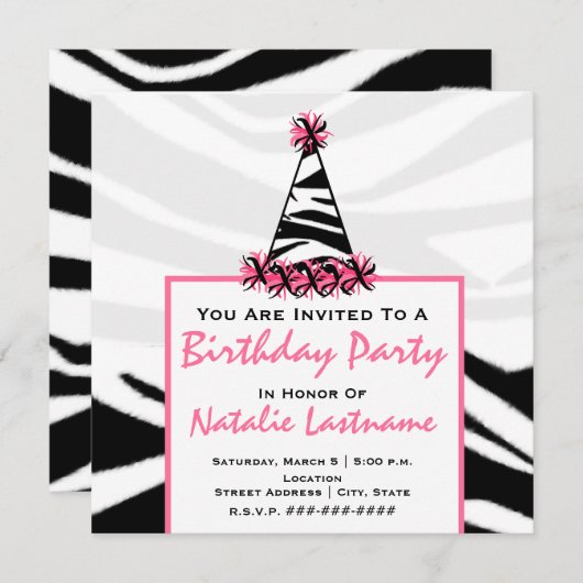 Invitation Fête d'anniversaire - Casquette du parti Zebra Pri (Devant / Derrière)