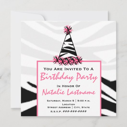 Invitation Fête d'anniversaire - Casquette du parti Zebra Pri (Devant)