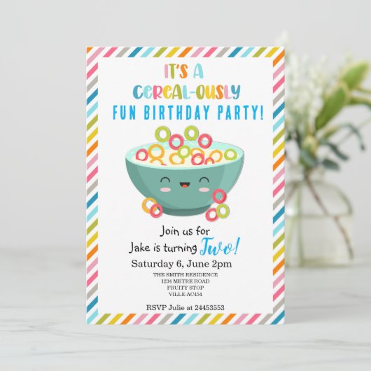 Invitation Fête d'anniversaire céréales-ement amusante (Debout devant)