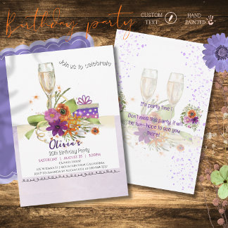 Invitation Fête d'anniversaire Champagne Floral Aquarelle Vib