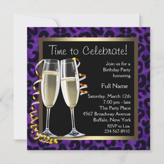 Invitation Fête d'anniversaire Champagne Purple Leopard
