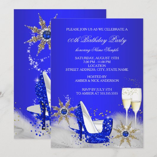 Invitation Fête d'anniversaire Champagne Royal Blue High Heur (Devant / Derrière)