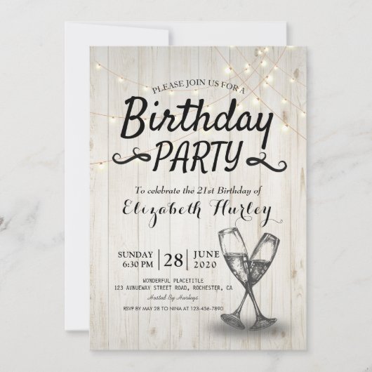 Invitation Fête d'anniversaire Champagne Verre Bois Chaîne Lu (Devant)