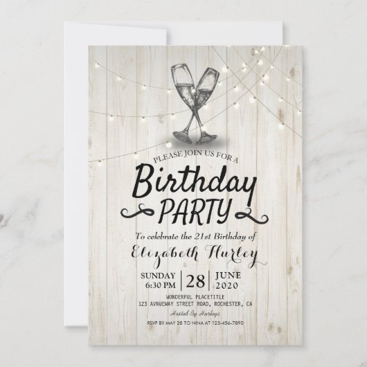 Invitation Fête d'anniversaire Champagne Verre Bois Chaîne Lu (Devant)