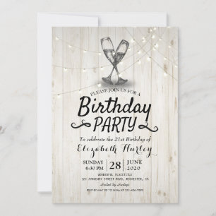Invitation Fête d'anniversaire Champagne Verre Bois Chaîne Lu
