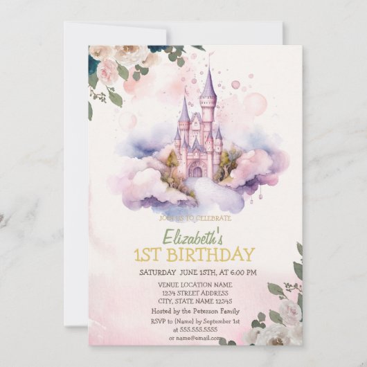 Invitation Fête d'anniversaire Château Nuages Fleurs Points (Devant)