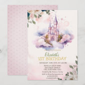Invitation Fête d'anniversaire Château Nuages Fleurs Points (Devant / Derrière)