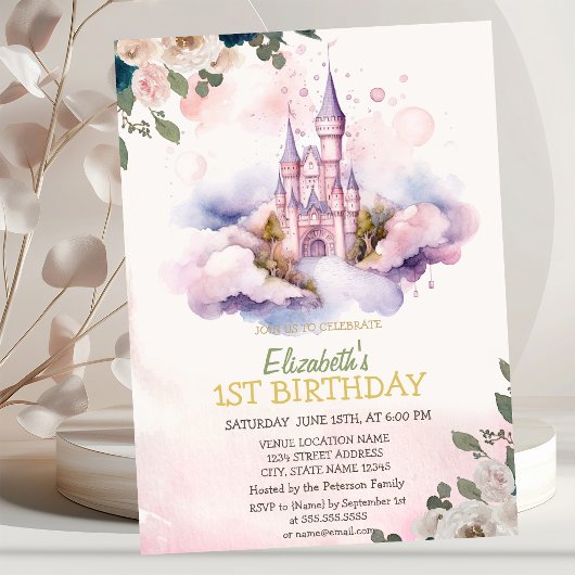 Invitation Fête d'anniversaire Château Nuages Fleurs Points