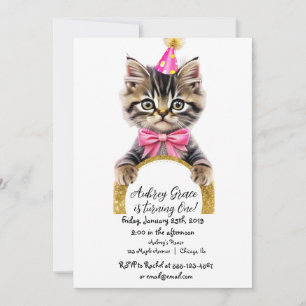 Invitation Fête d'anniversaire chaton rose or glitter