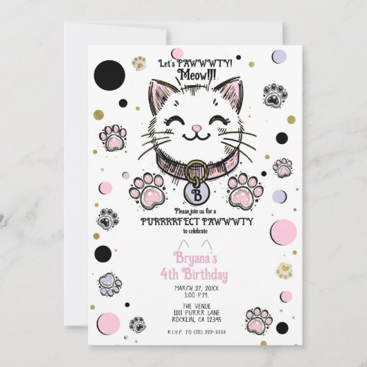 Invitation Fête d'anniversaire chaton rose violet or Kitty Ca (Devant)