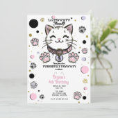Invitation Fête d'anniversaire chaton rose violet or Kitty Ca (Debout devant)