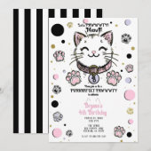 Invitation Fête d'anniversaire chaton rose violet or Kitty Ca (Devant / Derrière)