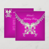 Invitation Fête d'anniversaire Chaud Rose Blanc Perle Argent (Devant / Derrière)