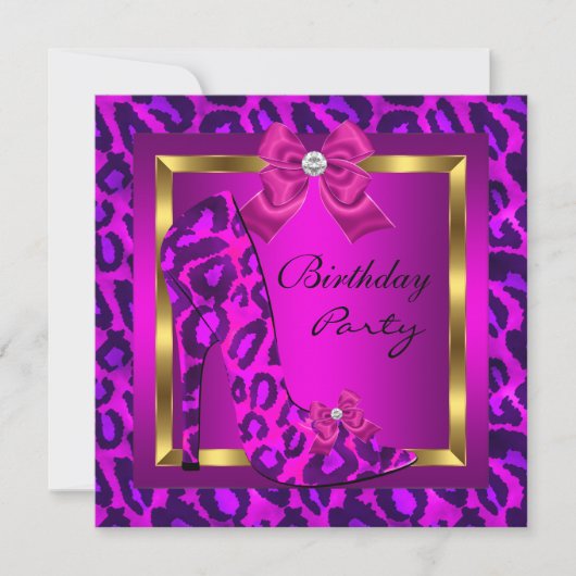 Invitation Fête d'anniversaire chaussure à talon rose léopard (Devant)