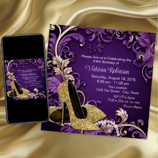 Invitation Fête d'anniversaire chaussure dorée violette pour
