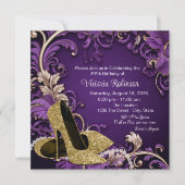Invitation Fête d'anniversaire chaussure dorée violette pour (Devant)