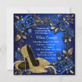 Invitation Fête d'anniversaire chaussure or bleu royal femme (Devant)
