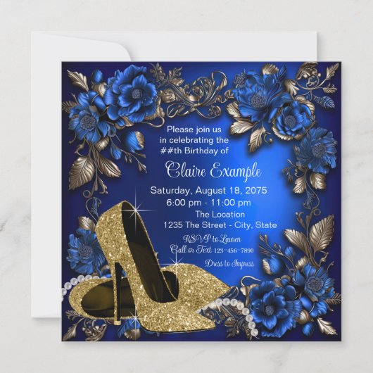Invitation Fête d'anniversaire chaussure or bleu royal femme (Devant)