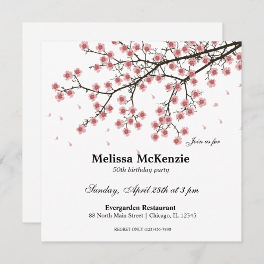 Invitation Fête d'anniversaire Cherry Blossom (Devant / Derrière)