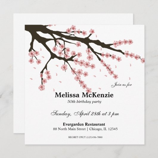 Invitation Fête d'anniversaire Cherry Blossom (Devant / Derrière)