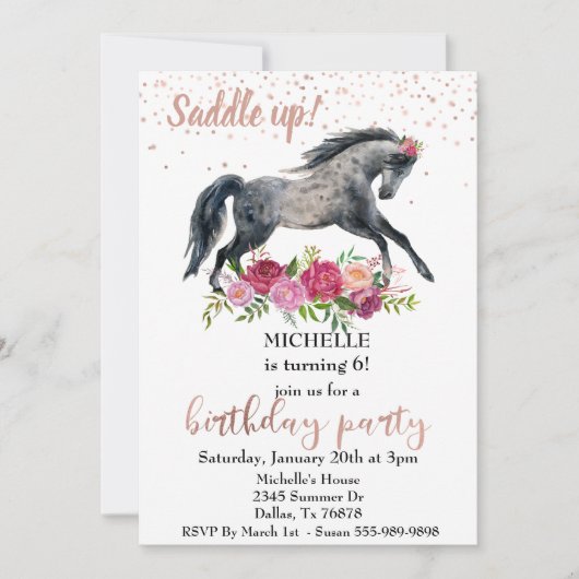 Invitation Fête d'anniversaire Cheval à selle rose (Devant)