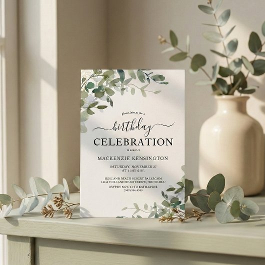 Invitation Fête d'anniversaire chic avec eucalyptus