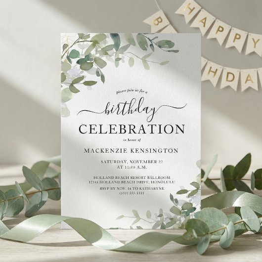 Invitation Fête d'anniversaire chic avec eucalyptus