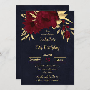 Invitation Fête d'anniversaire chic bordeaux et or marine