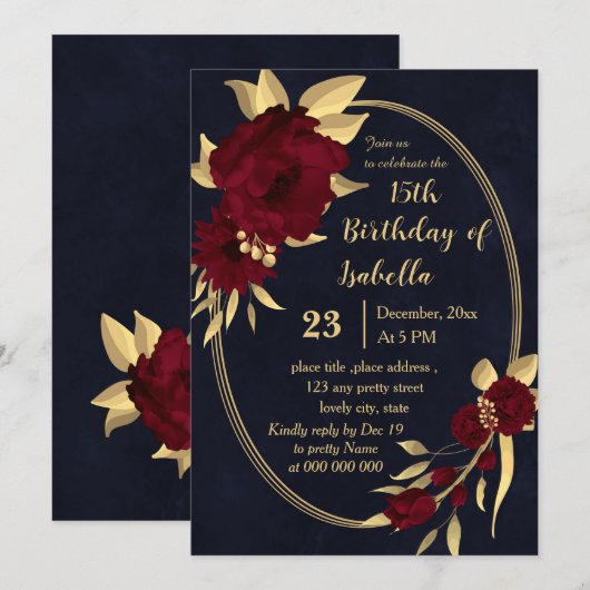 Invitation Fête d'anniversaire chic bordeaux et or marine (Devant / Derrière)