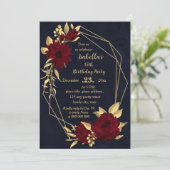 Invitation Fête d'anniversaire chic bordeaux et or marine (Debout devant)