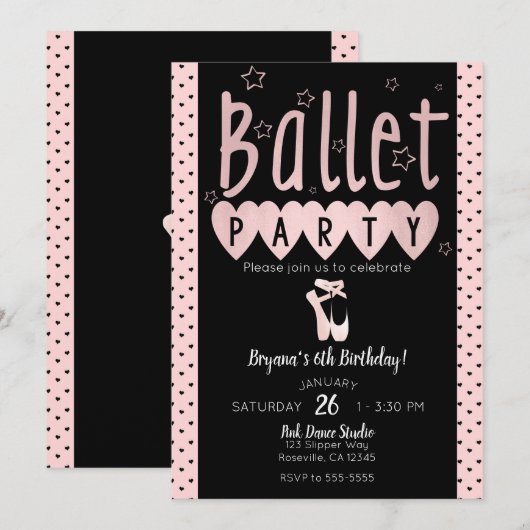 Invitation Fête d'anniversaire chic de ballerine de ballet ro (Devant / Derrière)