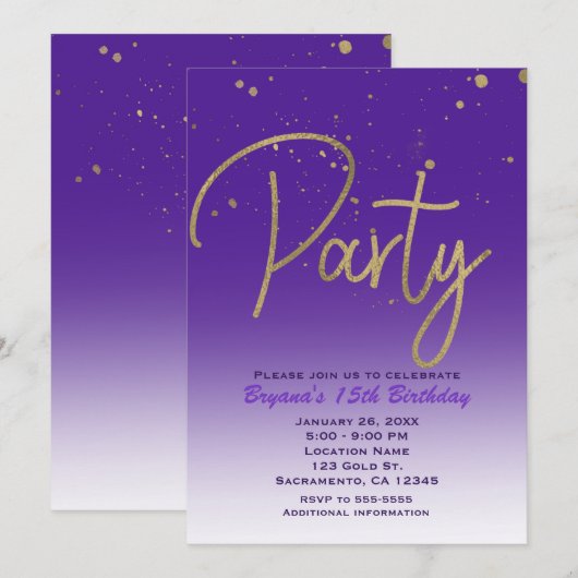 Invitation Fête d'anniversaire chic moderne glamour violet et (Devant / Derrière)