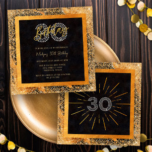 Invitation Fête d'anniversaire chic pailletée noire et or pou